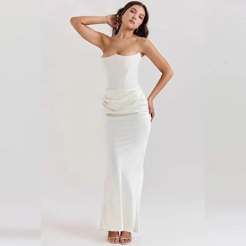 Satin Corset Strapless Maxi Dress – Elegant Off Shoulder Evening Gown