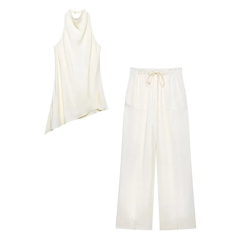Elegant Satin Two Piece Pants Set – Sleeveless Top & Wide Leg Trousers