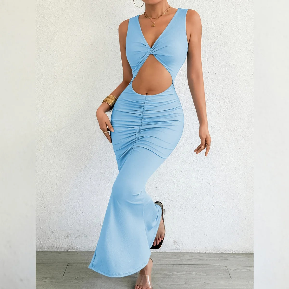 Cut Out Maxi Dress – Sleeveless Ruched Bodycon Evening Party Gown