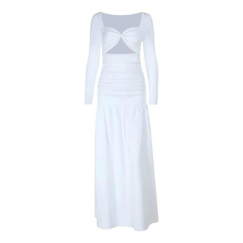 White Cut Out Maxi Dress – Elegant Long Sleeve A Line Beach Outfit