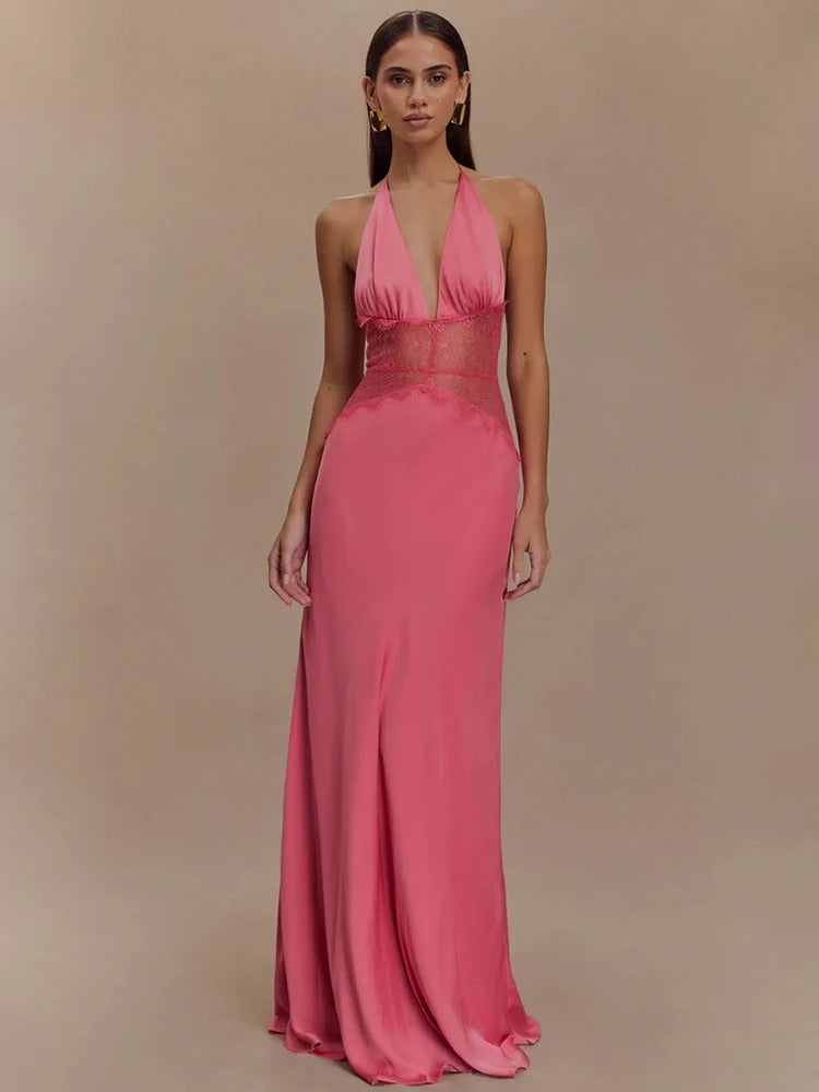 Halter Maxi Dress – Deep V Neck Lace Waist Evening Gown