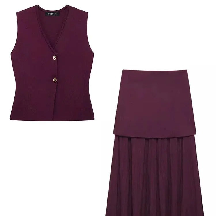 Trendy 2 Piece Skirt Set – Sleeveless Button Vest & Pleated Midi Skirt