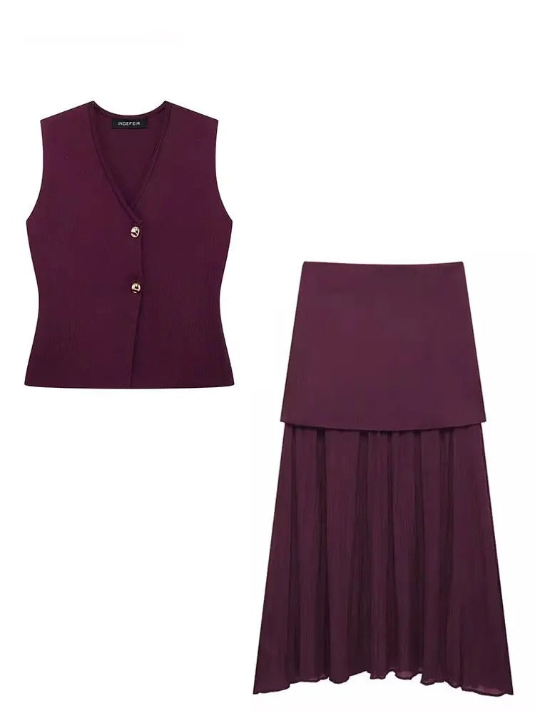 Trendy 2 Piece Skirt Set – Sleeveless Button Vest & Pleated Midi Skirt