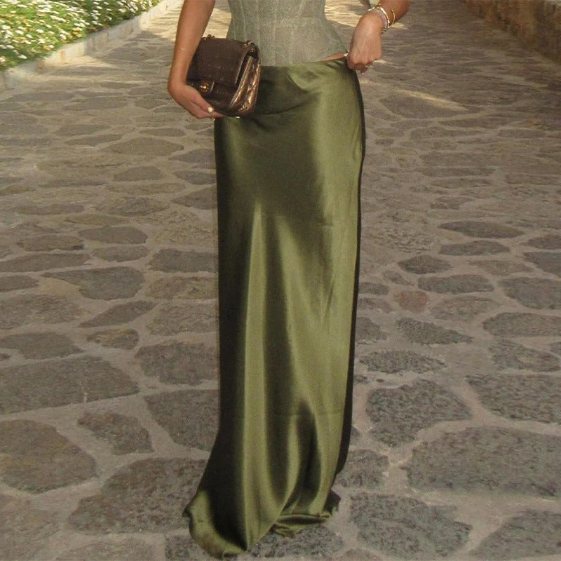 Green Satin Two Piece Set – Lace Corset Top and High Waist Maxi Skirt