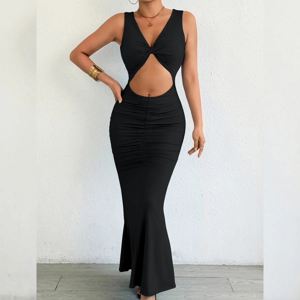 Cut Out Maxi Dress – Sleeveless Ruched Bodycon Evening Party Gown