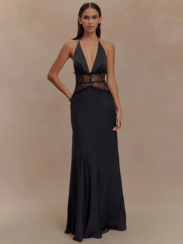 Halter Maxi Dress – Deep V Neck Lace Waist Evening Gown