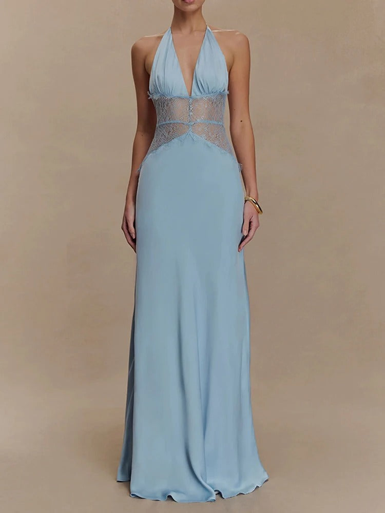 Halter Maxi Dress – Deep V Neck Lace Waist Evening Gown