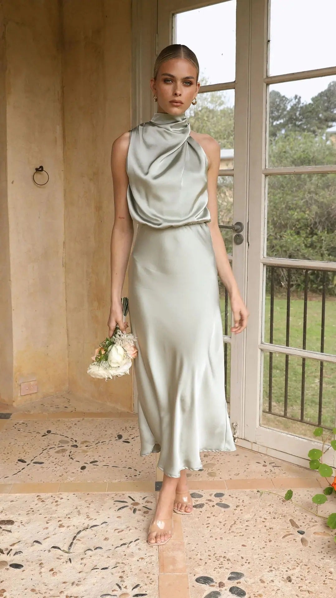 Satin Midi Dress – Elegant High Neck Sleeveless Evening Gown