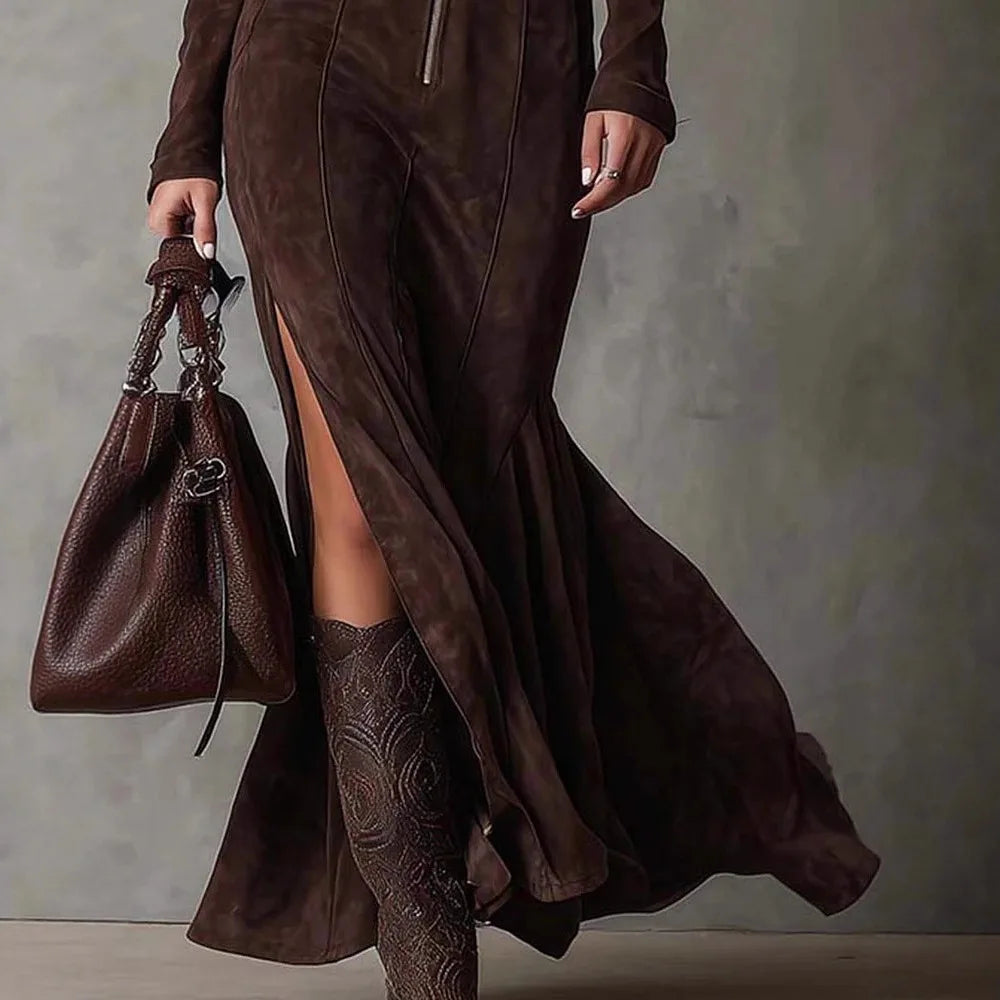 Brown Belted Suede Maxi Dress – Long Sleeve Zipper Split Elegant Dress
