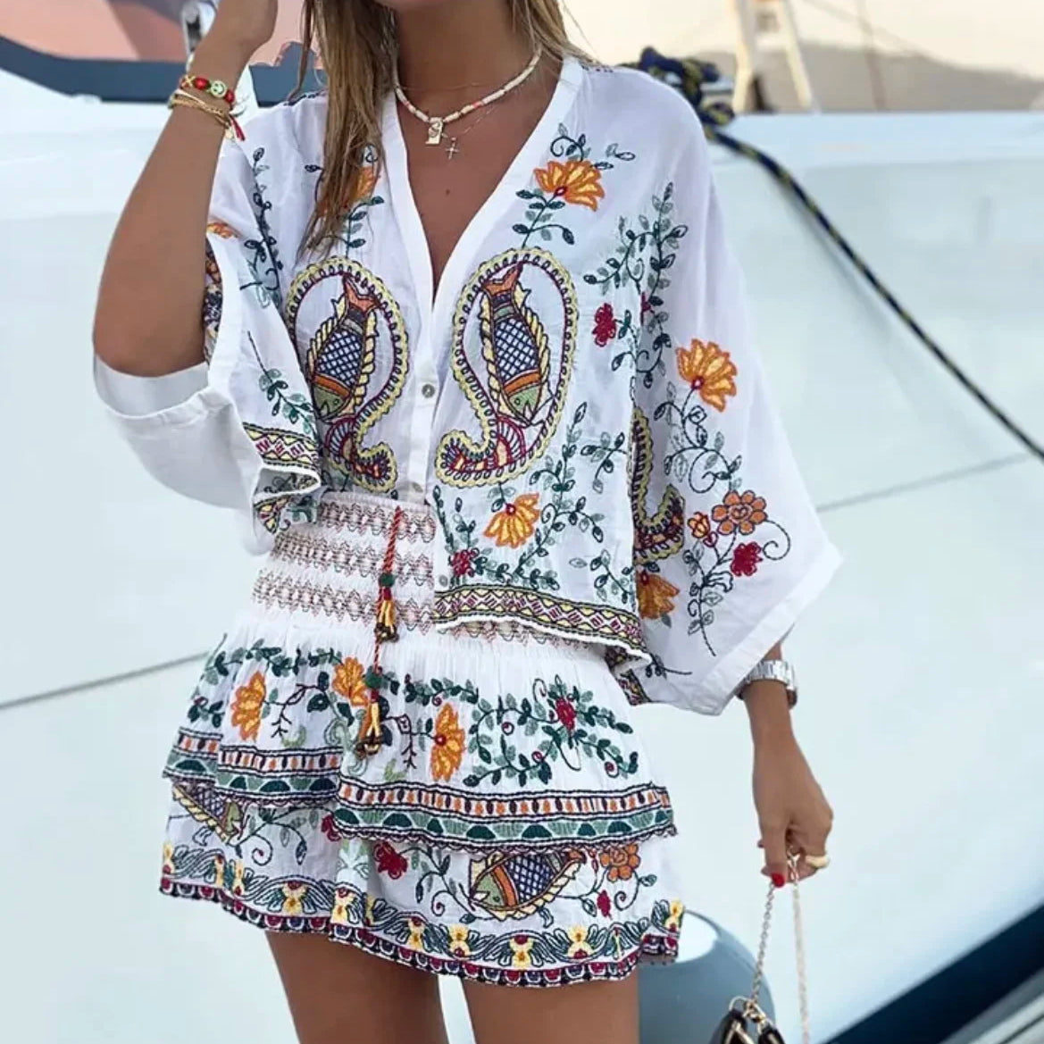 Embroidered Two Piece Set – Boho Batwing Top and Mini Skirt Outfit