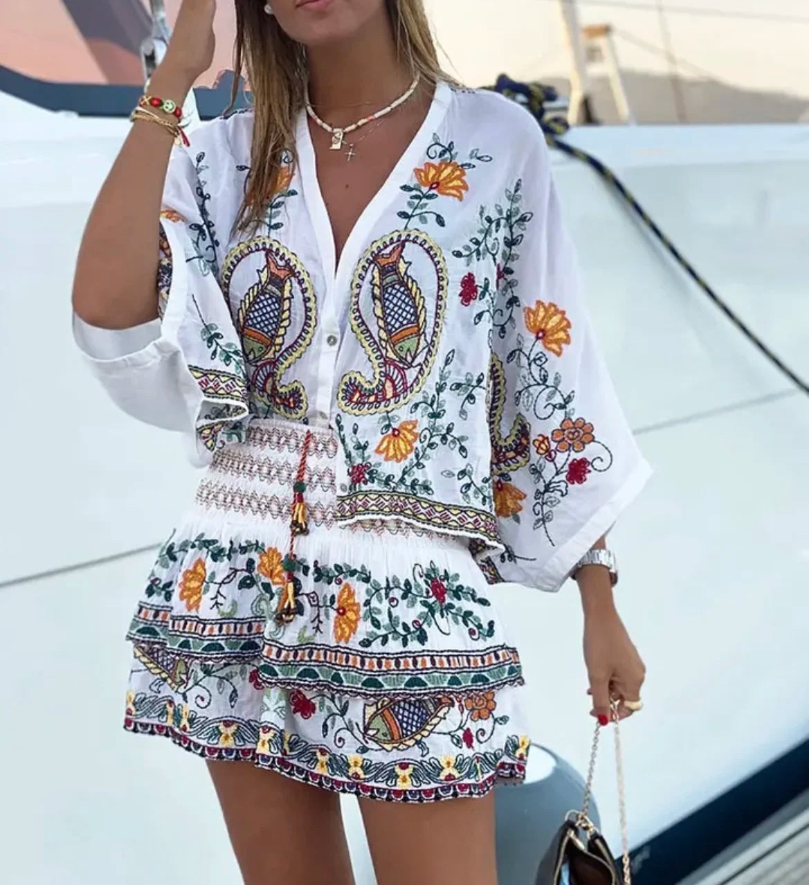 Embroidered Two Piece Set – Boho Batwing Top and Mini Skirt Outfit