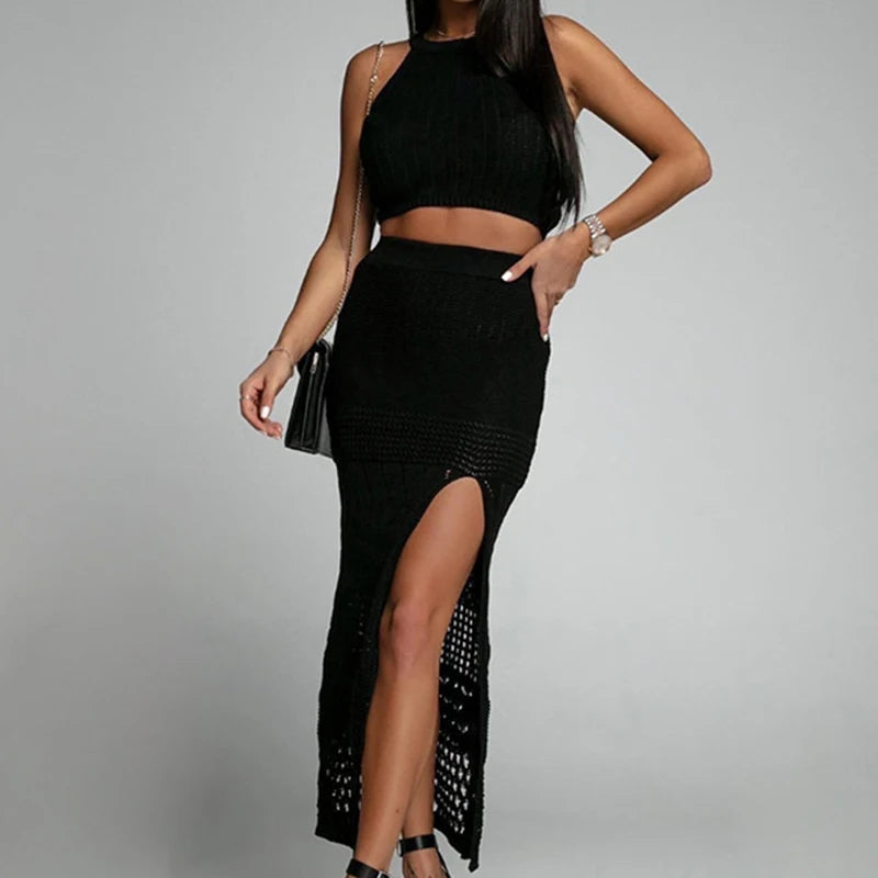 Crochet Knit Two Piece Set – Sleeveless Crop Top and Slit Maxi Skirt