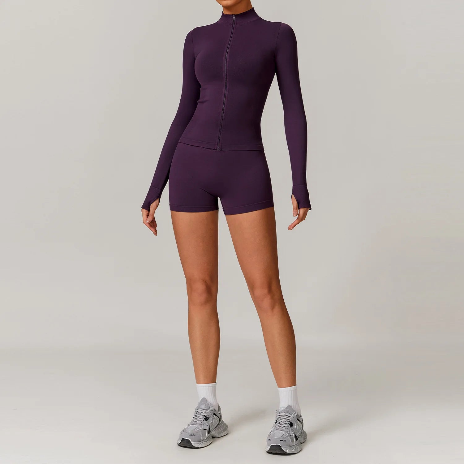 2 Piece Yoga Set – Long Sleeve Zip Crop Top & High Waist Shorts Seamless Activewear