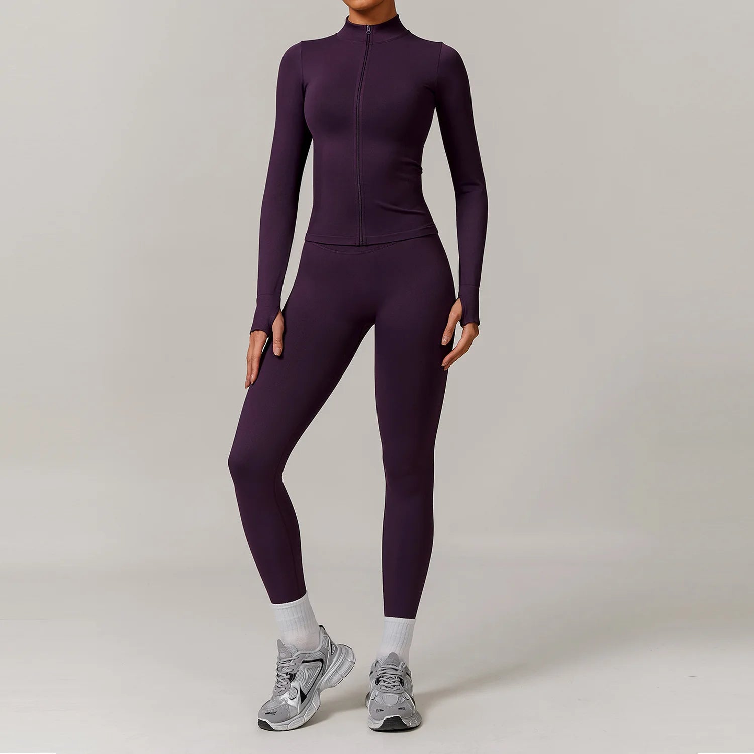 2 Piece Yoga Set – Long Sleeve Zip Crop Top & High Waist Leggings Seamless Activewear