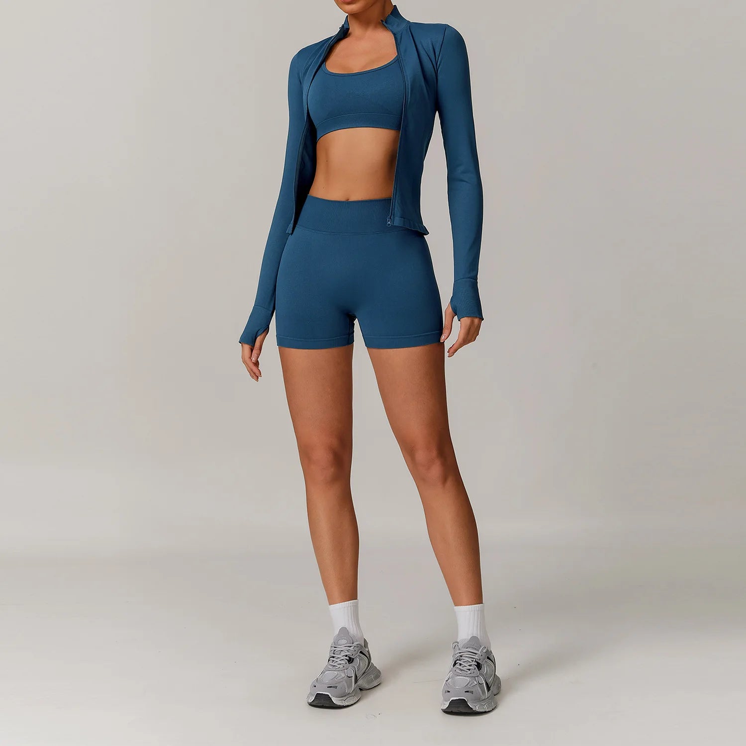 3 Piece Yoga Set – Sports Bra, Long Sleeve Crop Top & High Waist Shorts Seamless Activewear