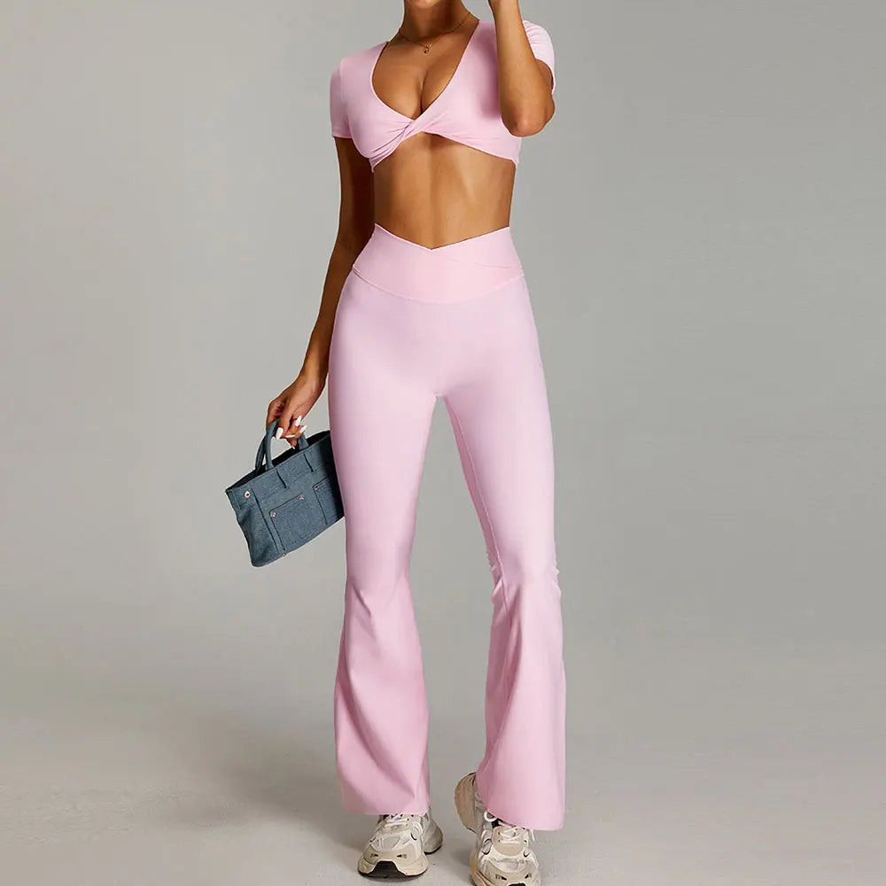 2 Piece Yoga Set – Short Sleeve Crop Top & Flared Leg Pants Gym Activewear