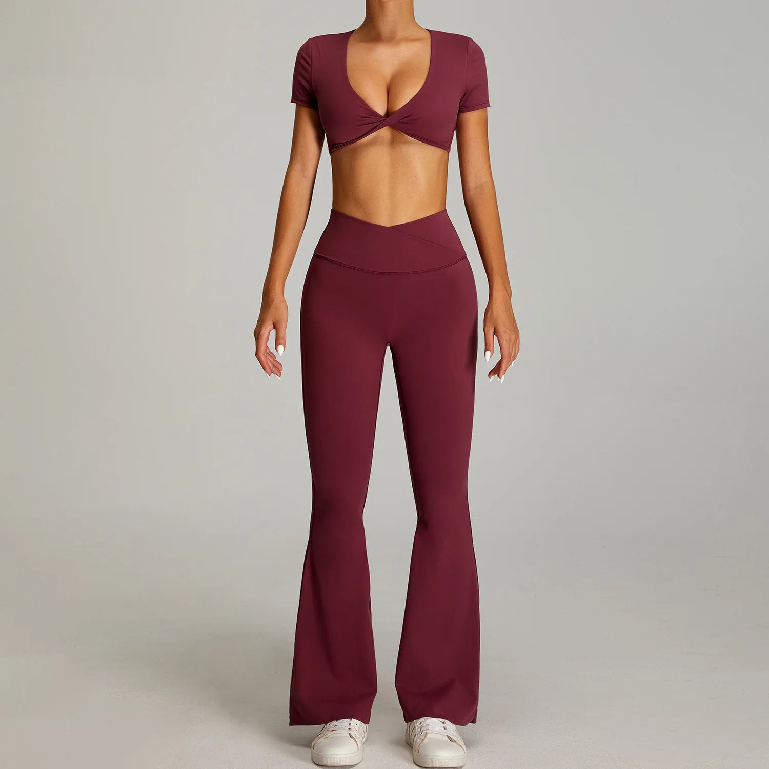 2 Piece Yoga Set – Short Sleeve Crop Top & Flared Leg Pants Gym Activewear