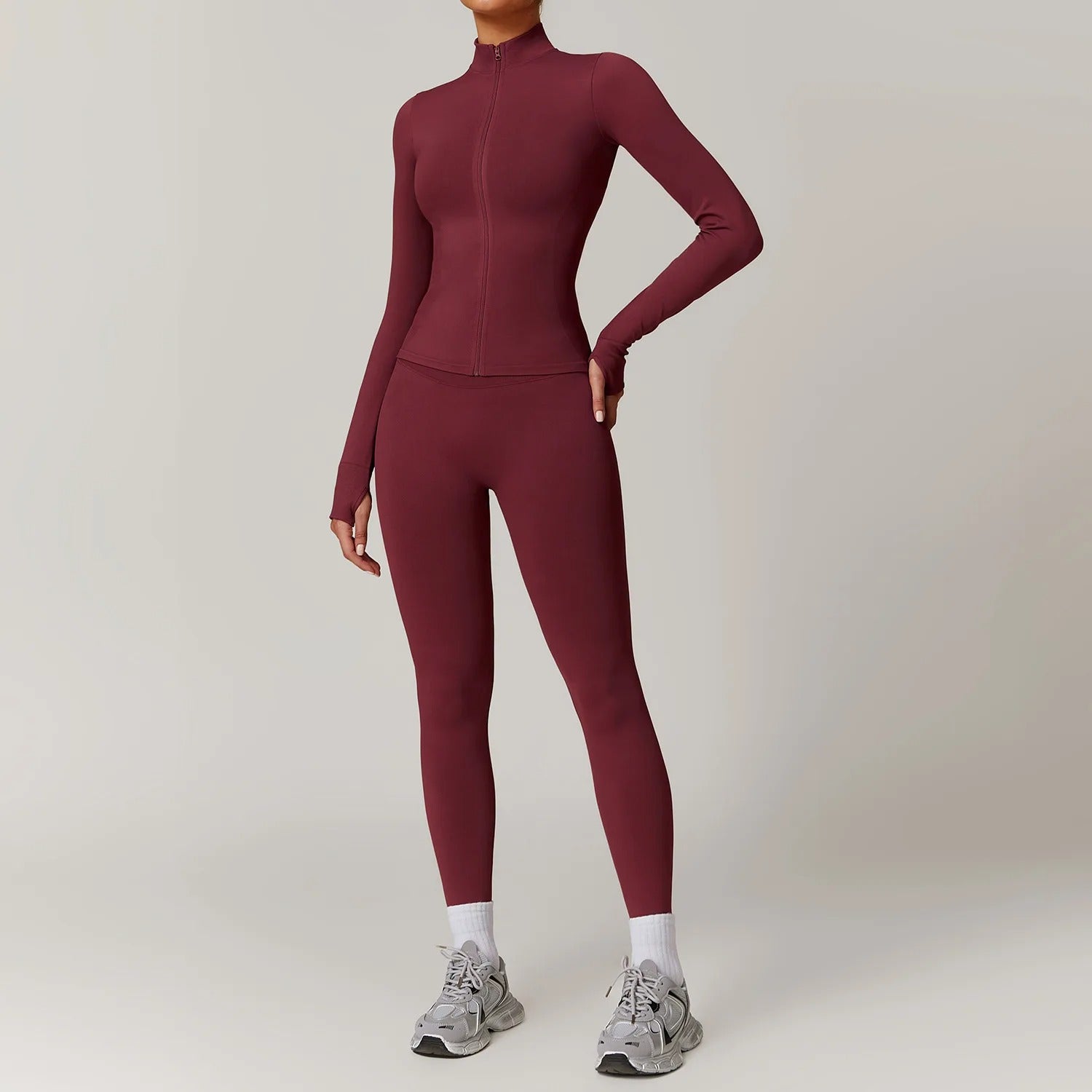 Seamless Yoga Set – Long Sleeve Zip Jacket & High Waist Leggings Gym Outfit
