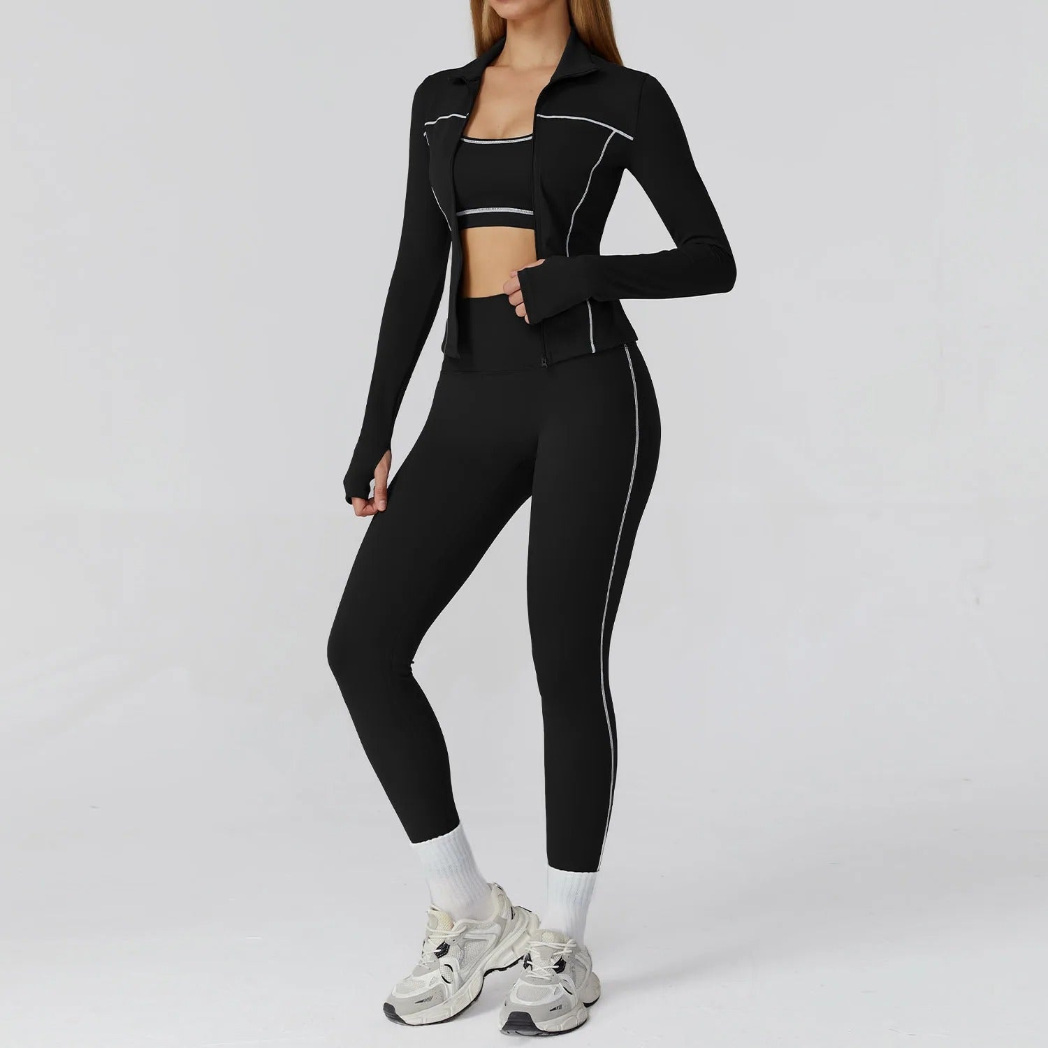3 Piece Yoga Set – Sports Bra, Zip Jacket & High Waist Leggings Gym Outfit