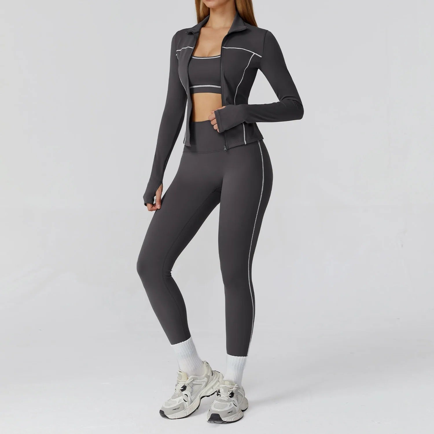 3 Piece Yoga Set – Sports Bra, Zip Jacket & High Waist Leggings Gym Outfit