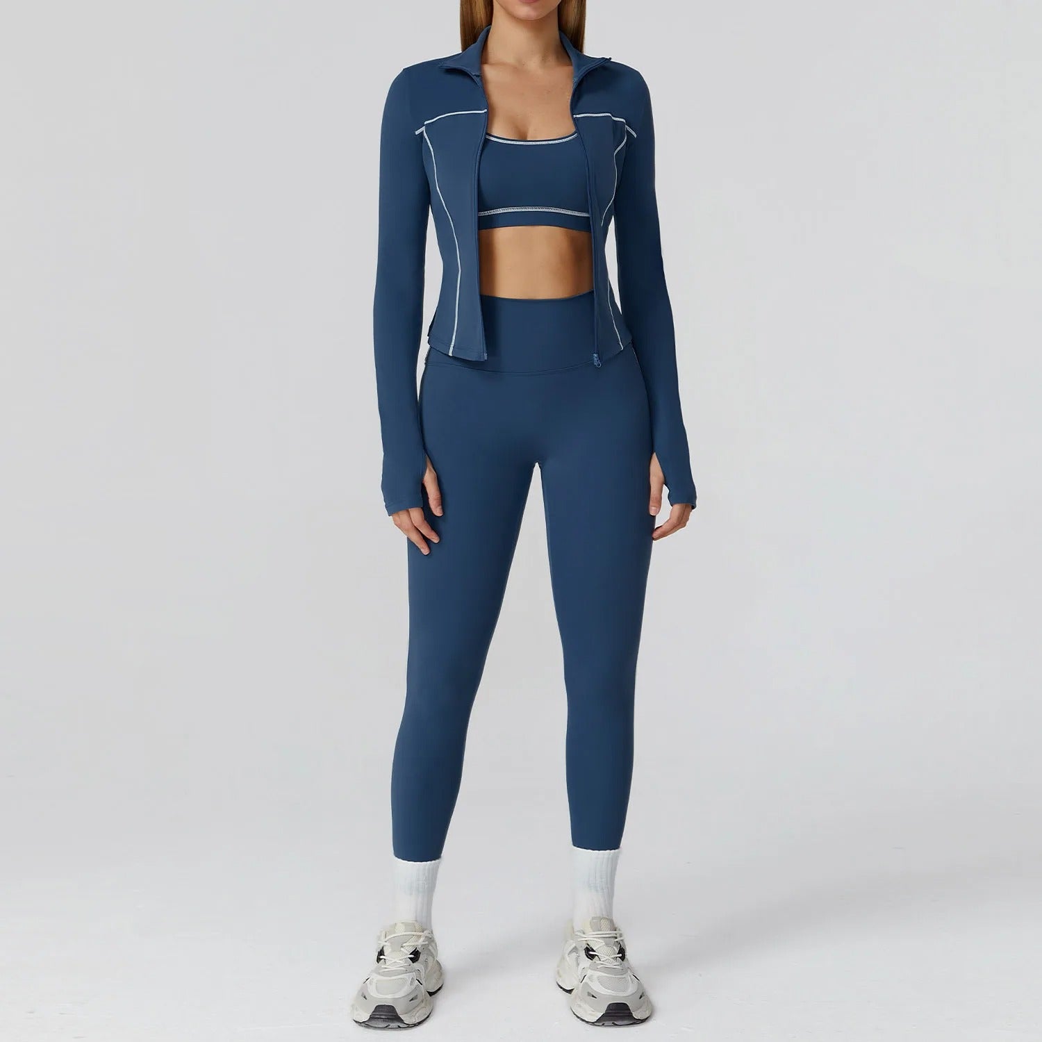 3 Piece Yoga Set – Sports Bra, Zip Jacket & High Waist Leggings Gym Outfit