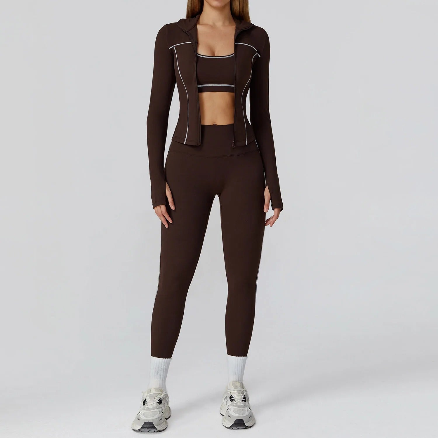 3 Piece Yoga Set – Sports Bra, Zip Jacket & High Waist Leggings Gym Outfit
