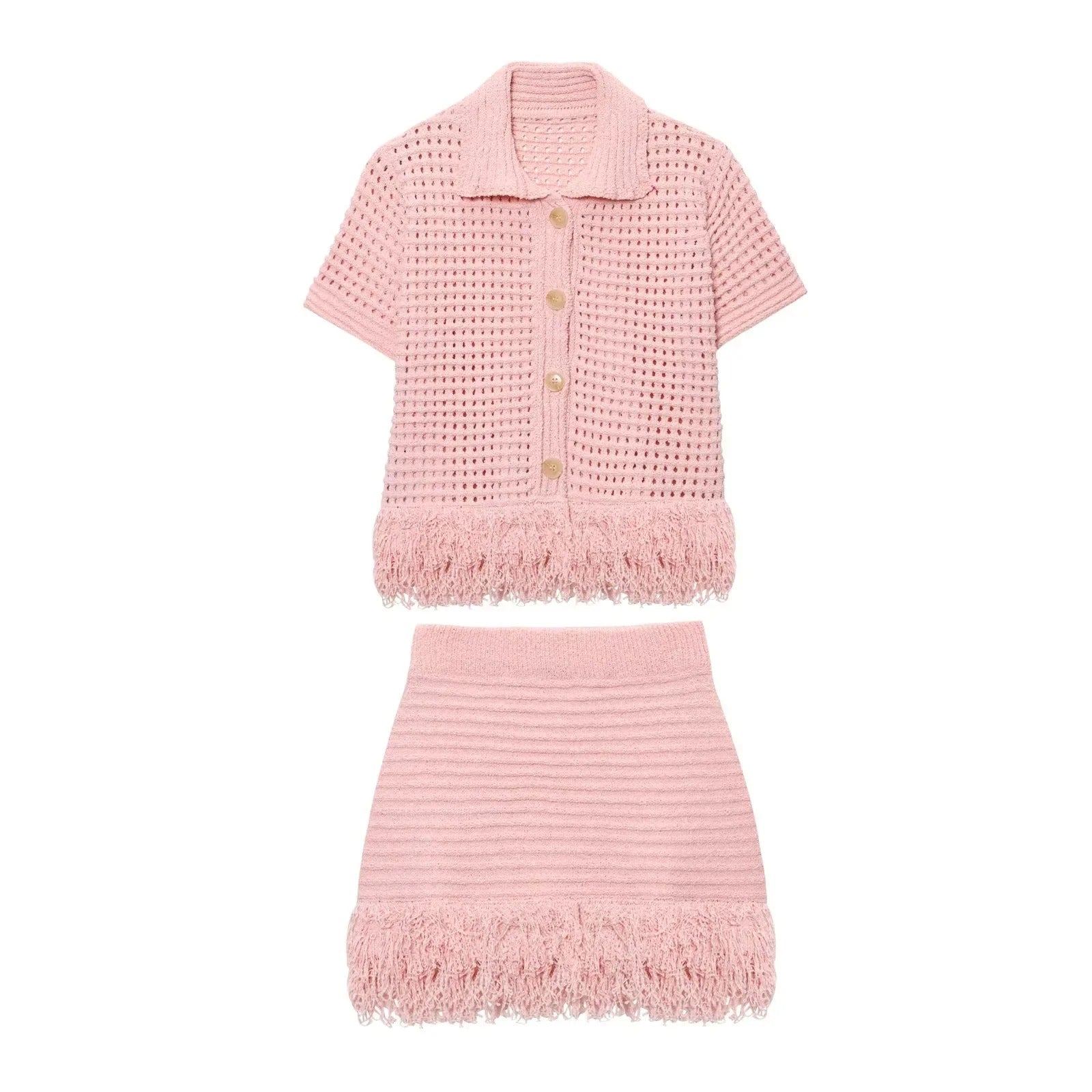 Knitted Two Piece Set – Tassel Short Sleeve Top & Mini Skirt Co ord Outfit