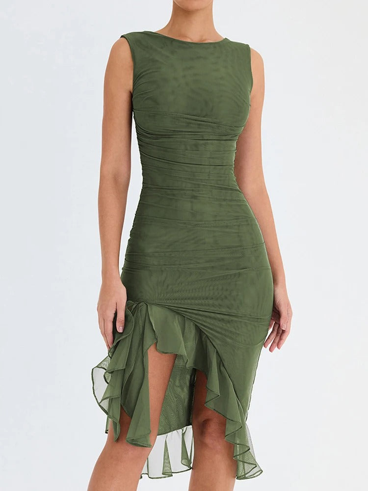Ruffle Bodycon Dress – Sleeveless Ruched Midi Gown