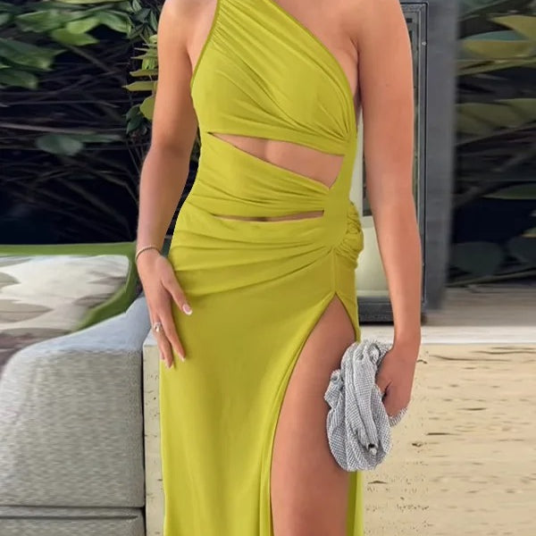 One Shoulder Cut Out Maxi Dress – Elegant High Slit Evening Gown