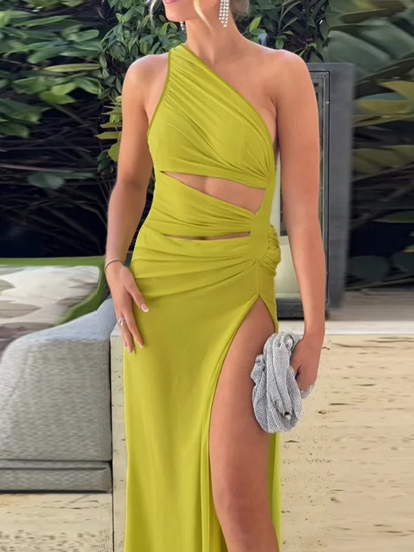One Shoulder Cut Out Maxi Dress – Elegant High Slit Evening Gown
