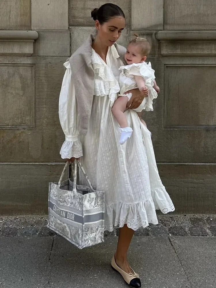 White Ruffle Maxi Dress – Loose Boho V Neck Long Sleeve Gown