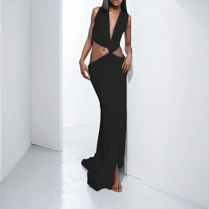 Cut Out Maxi Dress – Deep V Neck High Split Evening Gown
