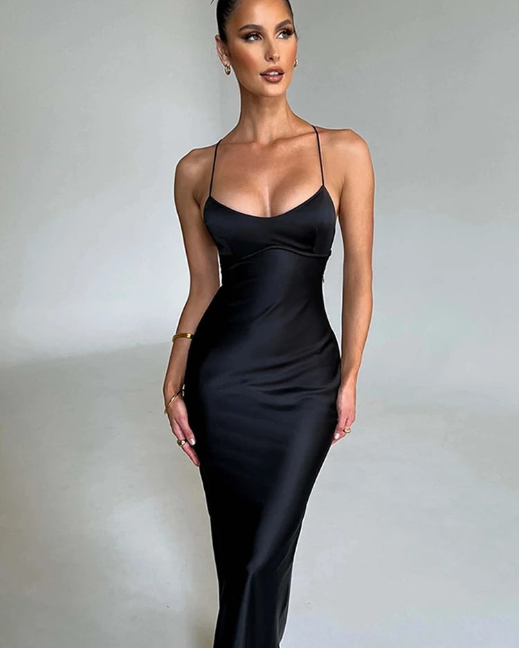 Satin Backless Spaghetti Strap Maxi Dress – Elegant Evening Gown