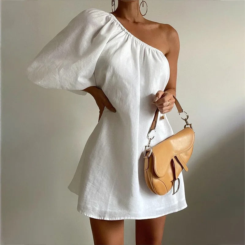 One Shoulder Puff Sleeve Mini Dress – White Linen Party Style