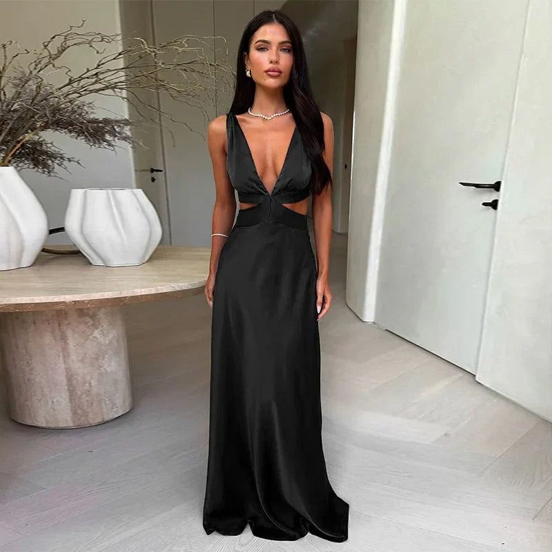 Satin Maxi Dress – Deep V Neck Cut Out Evening Gown
