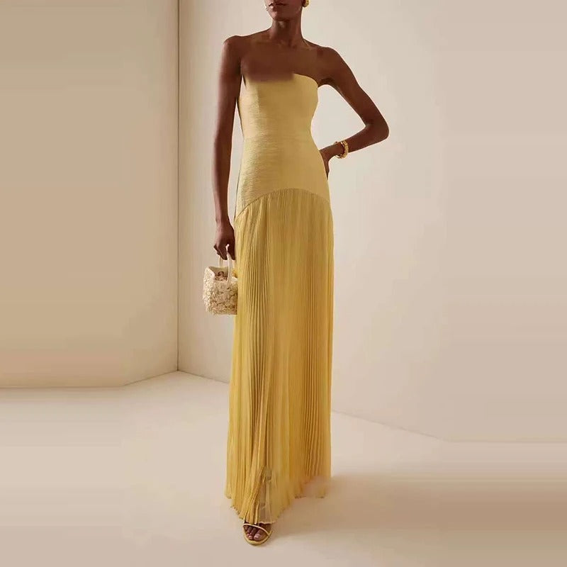 Strapless Pleated Maxi Dress – Elegant Off Shoulder Evening Gown