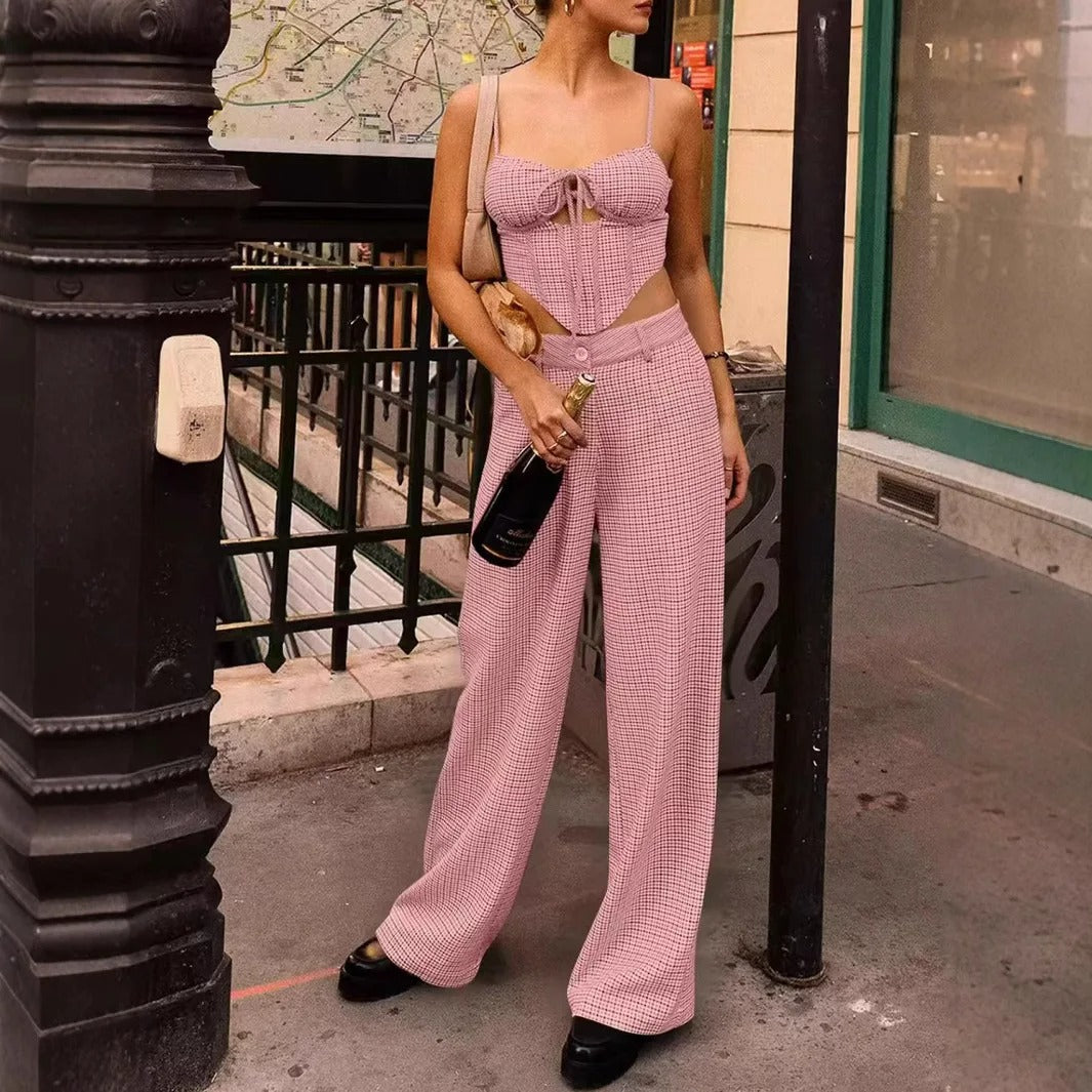 Two Piece Set – Bustier Crop Top & Wide Leg Pants Outfit
