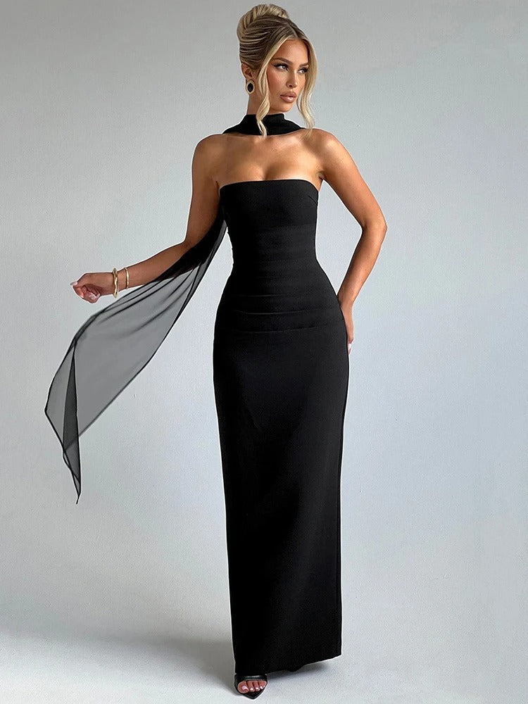 Elegant Strapless Maxi Dress – Scarf Neck Backless Evening Gown