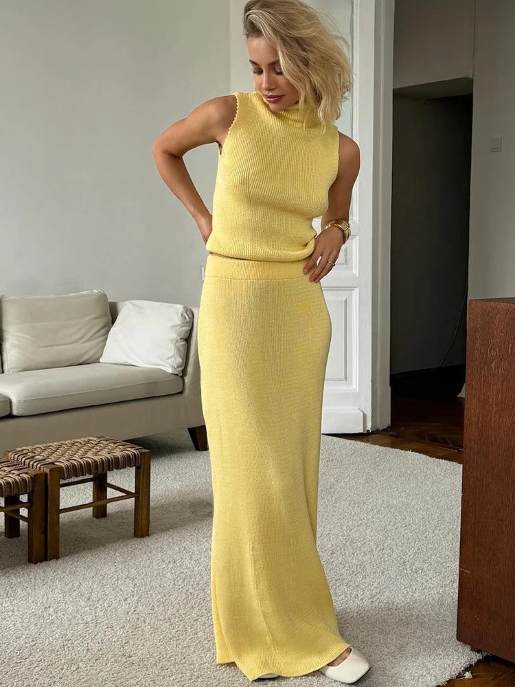 Knit Two Piece Set – Sleeveless Top & Maxi Skirt Outfit