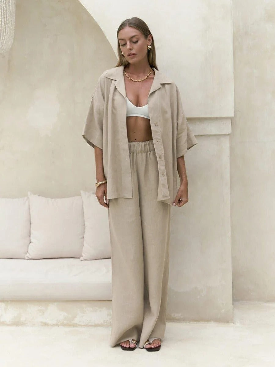 Linen Co Ord Set – Oversized Shirt and Wide Leg Trousers