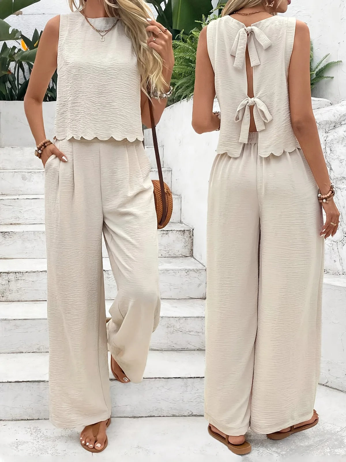 Summer Two Piece Set – Sleeveless Shell Trim Top & Wide Leg Pants Outfit