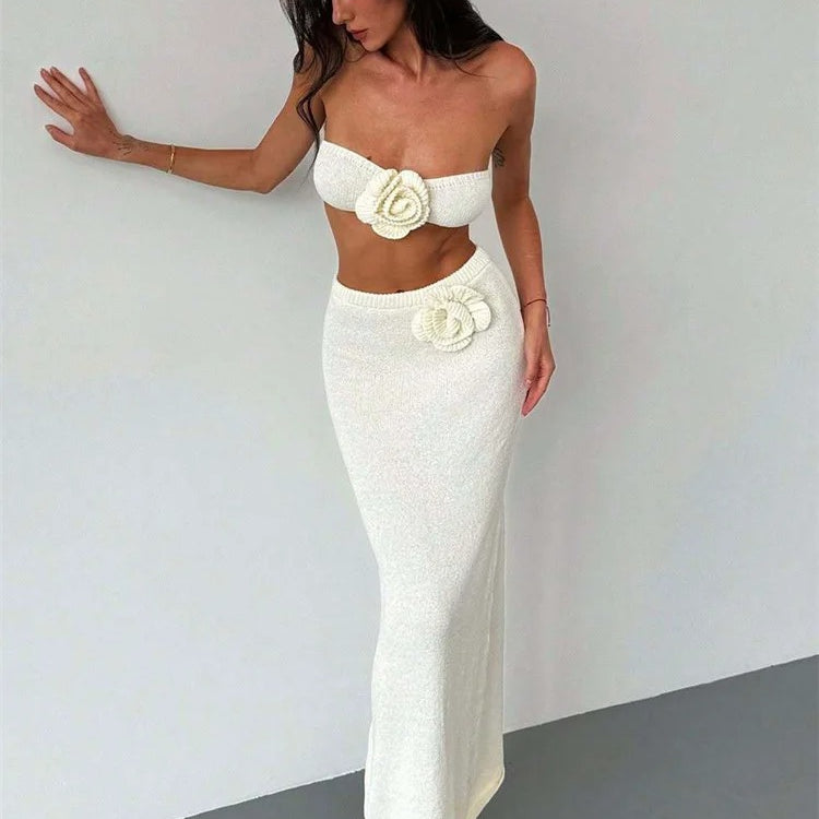 Knit Two Piece Set – Strapless Crop Top & Maxi Skirt Beach Outfit