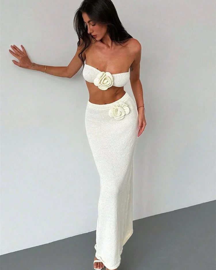 Knit Two Piece Set – Strapless Crop Top & Maxi Skirt Beach Outfit