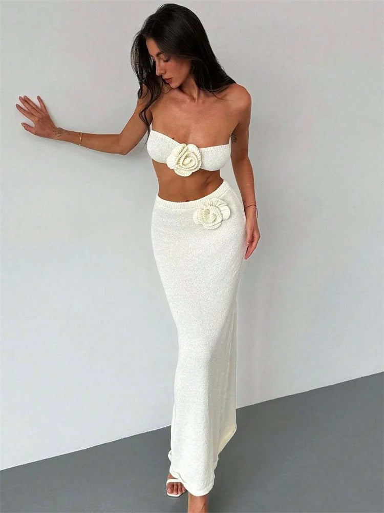 Knit Two Piece Set – Strapless Crop Top & Maxi Skirt Beach Outfit