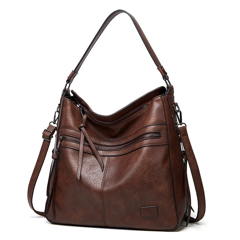 Leather Shoulder Bag – Vintage Tote with Tassel & Crossbody Strap