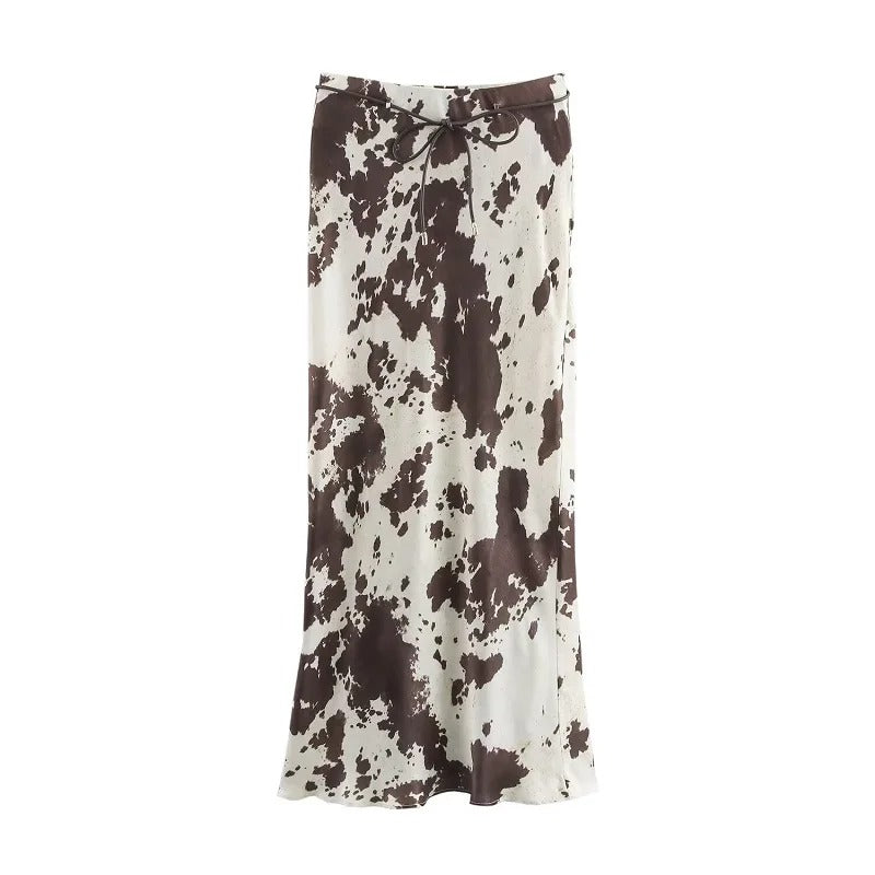 Cow Print Satin Set – Top & High Waist Skirt
