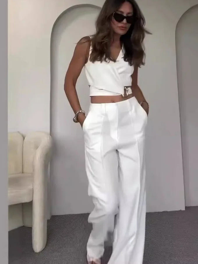 Summer Two Piece Set – Sleeveless Belted Vest Top & High Waist Wide Leg Pants