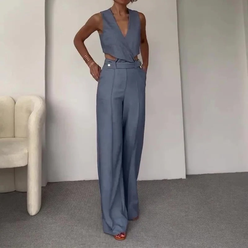 Summer Two Piece Set – Sleeveless Belted Vest Top & High Waist Wide Leg Pants