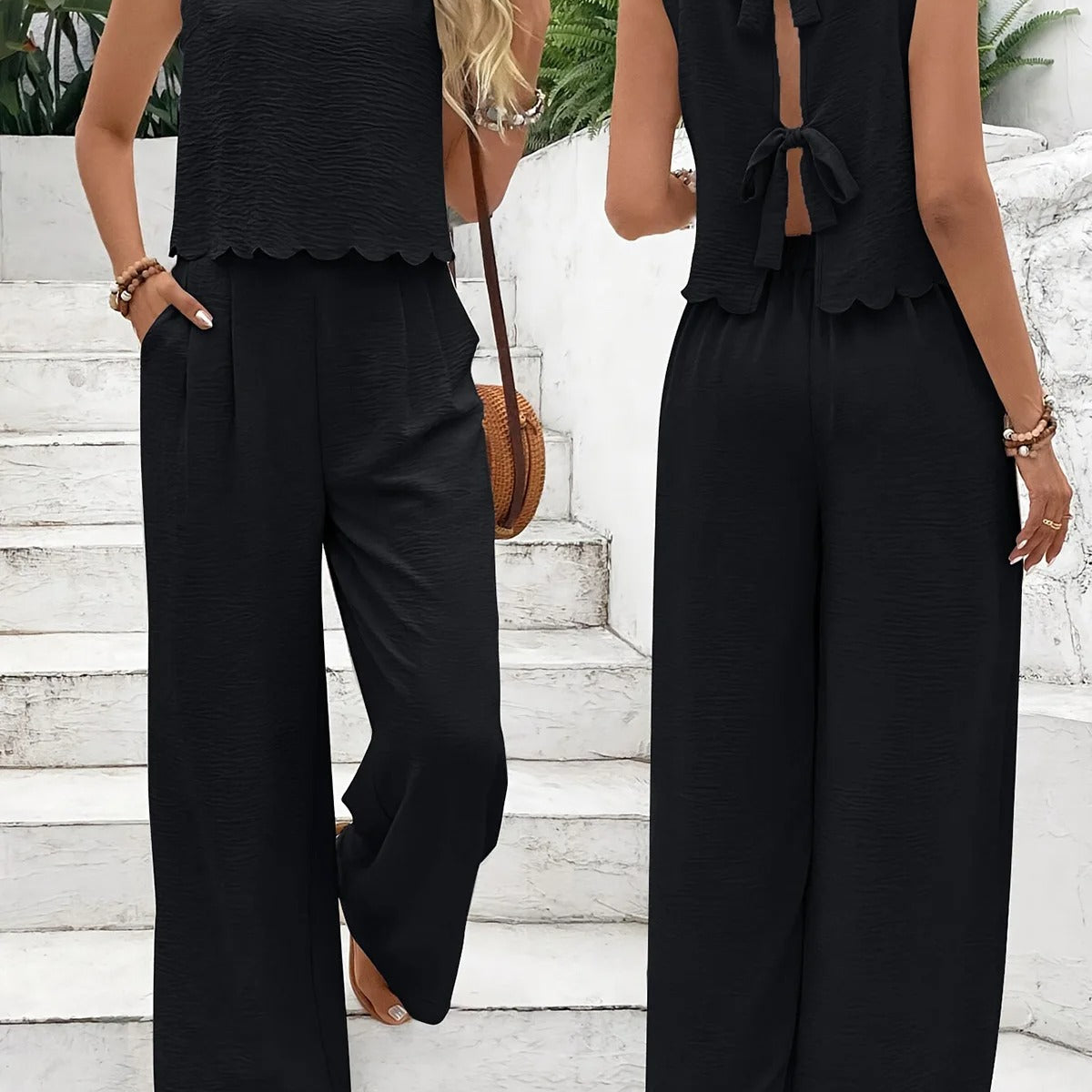 Summer Two Piece Set – Sleeveless Shell Trim Top & Wide Leg Pants Outfit