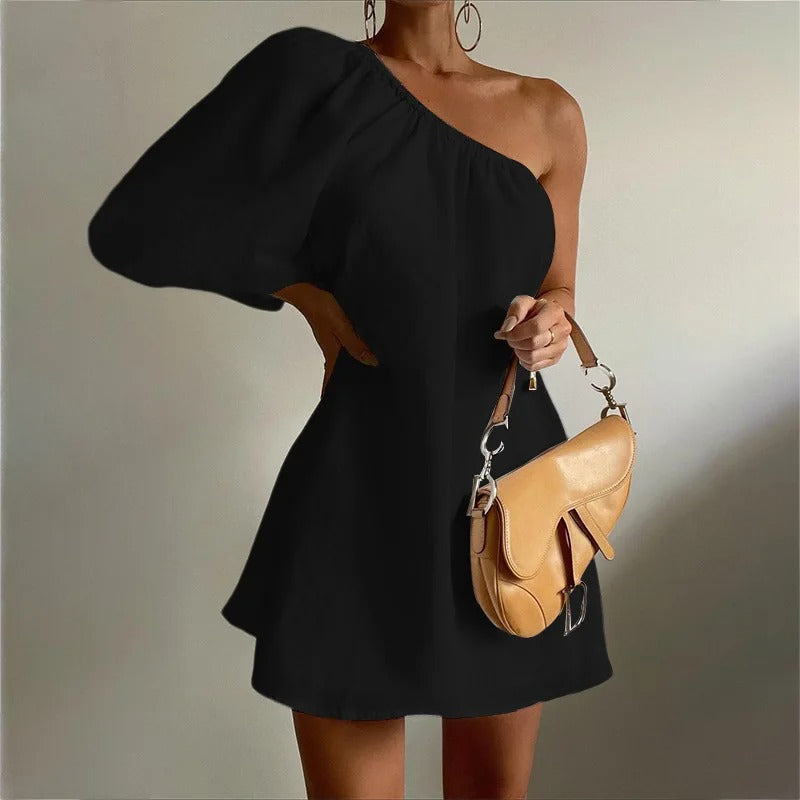 One Shoulder Puff Sleeve Mini Dress – White Linen Party Style